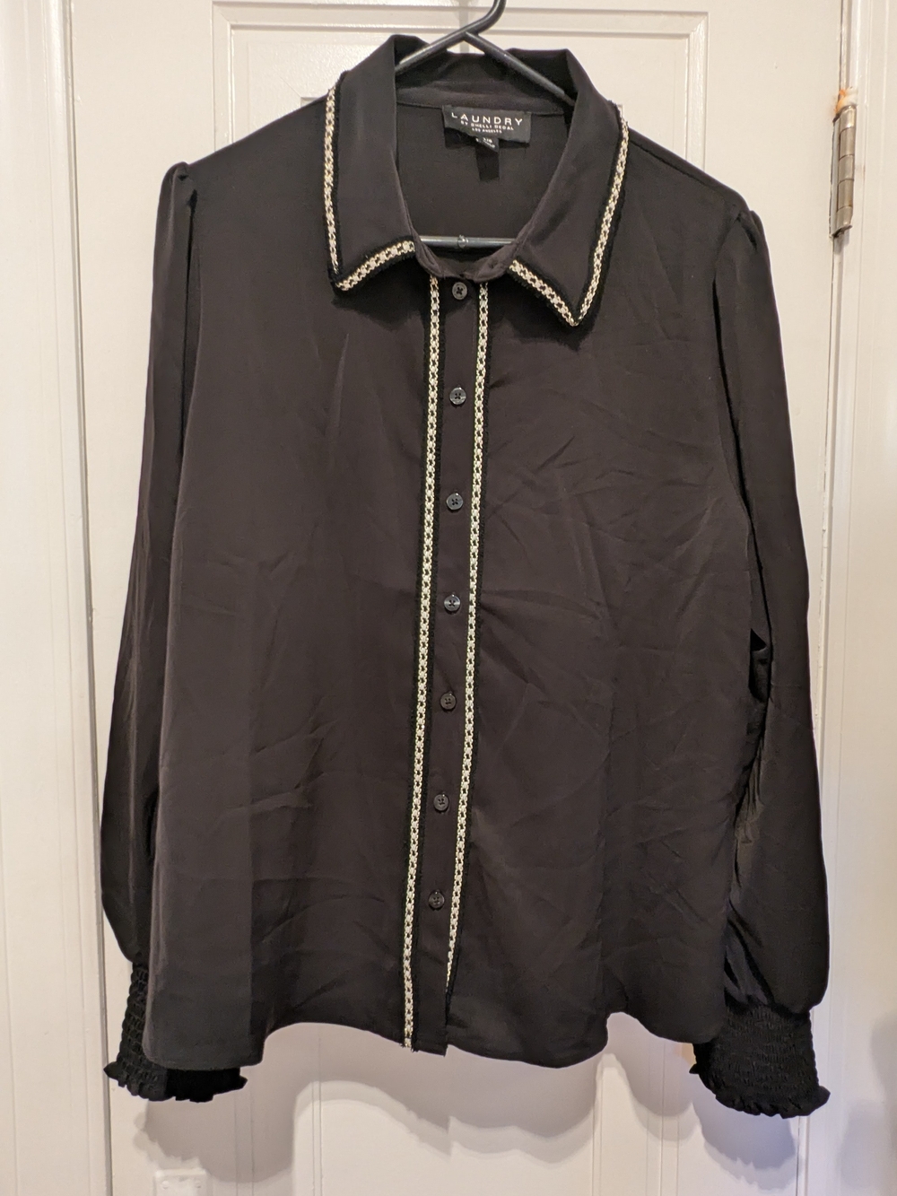 Laundry by Shelli Segal Black Button-Down Blouse with Gold And Silver Trim